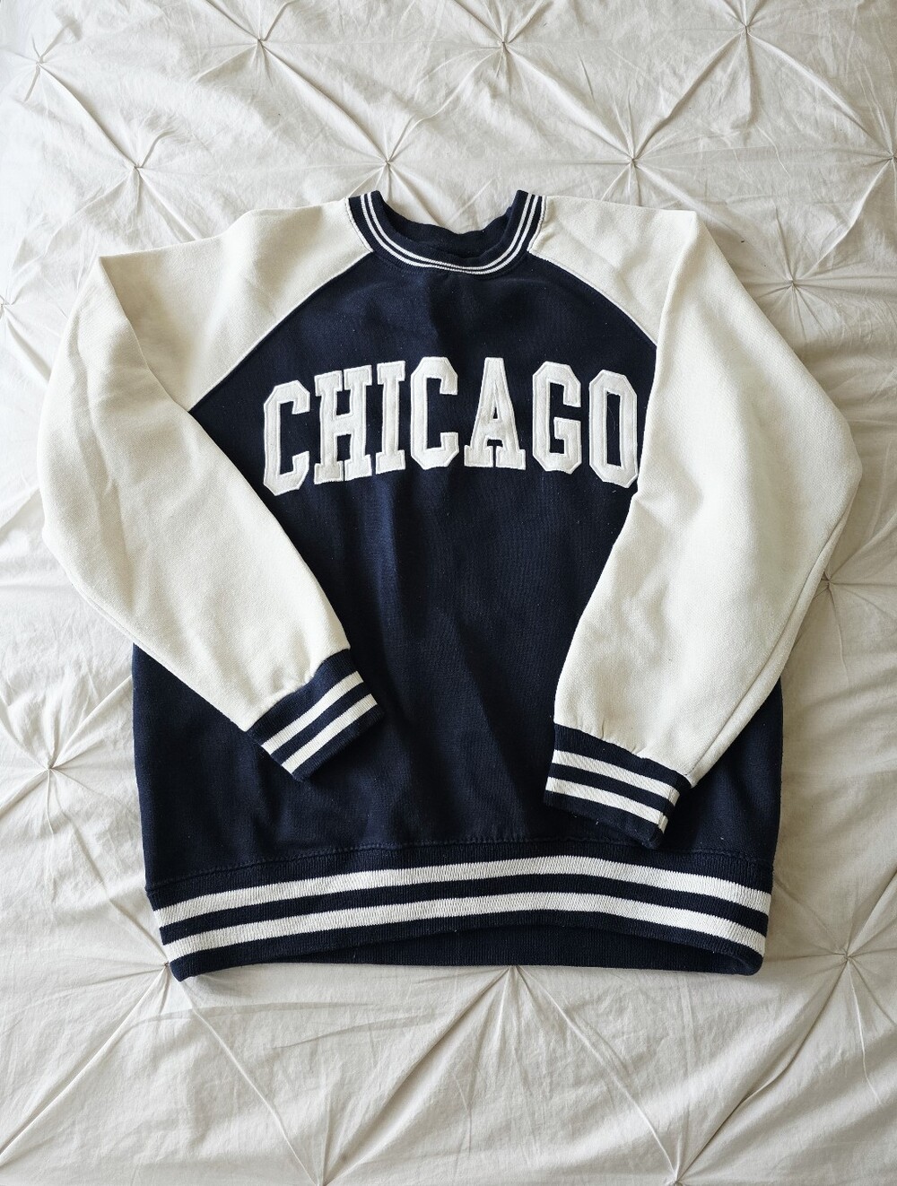 New York Popular Chicago Varsity Sweatshirt Navy Cream Raglan Pullover